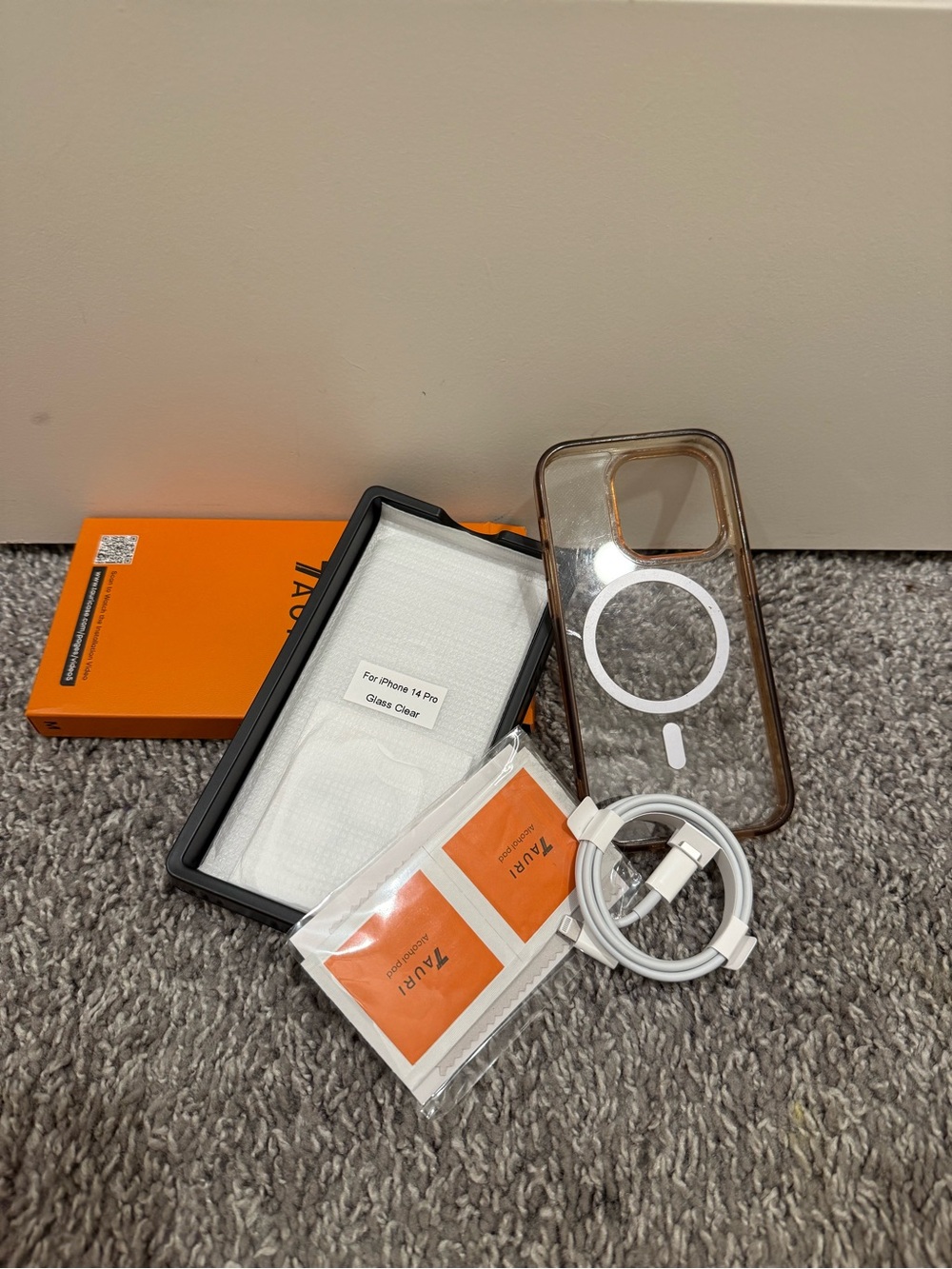 MagSafe-Compatible Clear Brown iPhone Case with White Charging Cable